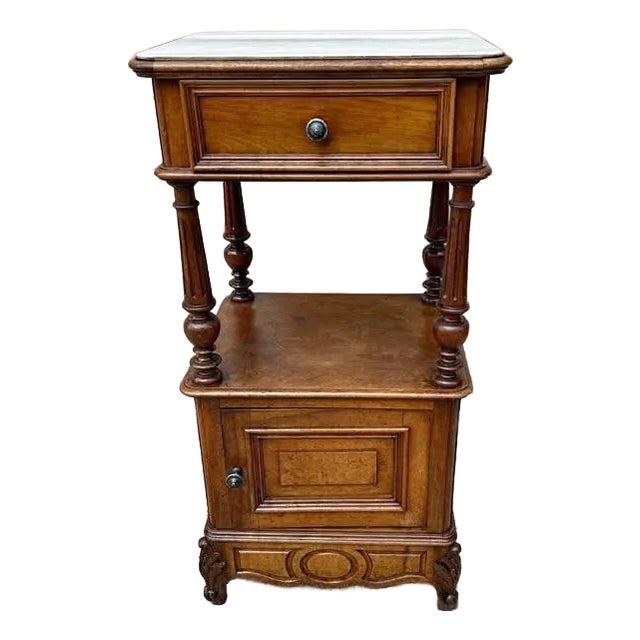 19th Century Antique French Provincial Style Walnut Marble Top Bedside Table. For Sale