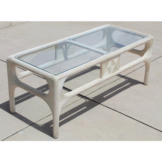 Vintage 1980s Coastal Pencil Reed Rattan & Glass Coffee Table For Sale - Image 4 of 16