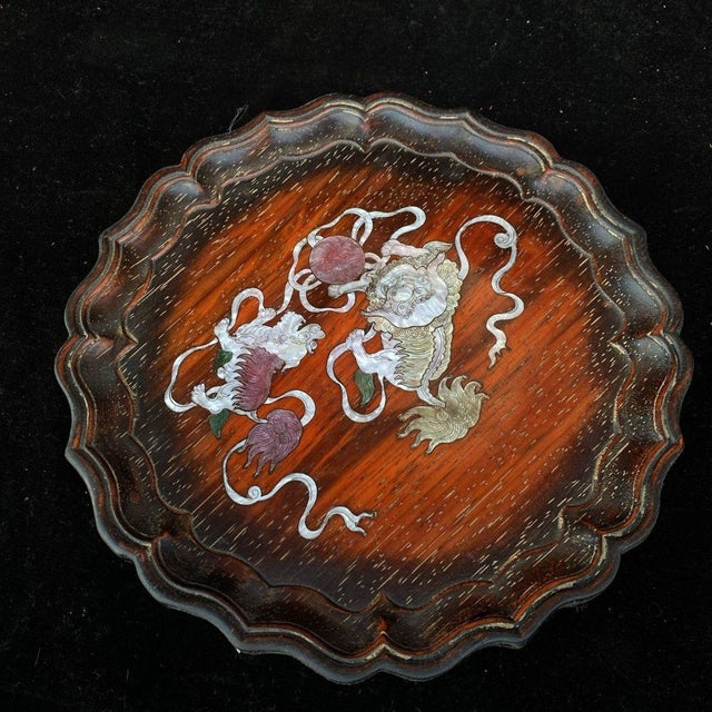 Vintage Chinese Rosewood & Mother-of-Pearl Inlay Dish – "Lion Dance" Motif For Sale - Image 9 of 10
