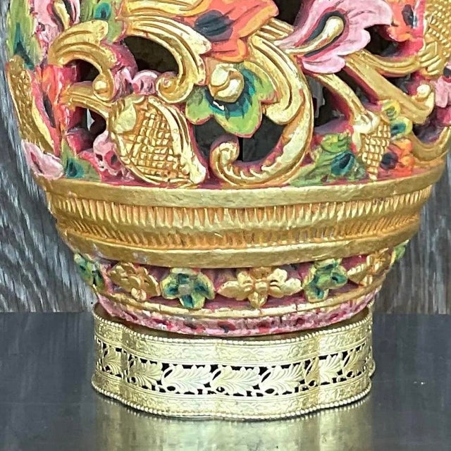 Vintage Boho Carved Wood Table Lamp For Sale - Image 9 of 13