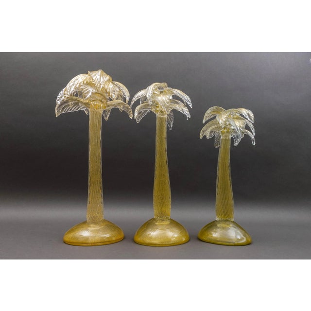 Murano Mid 20th Century Signed Murano Italy Gold Fleck Glass Palm Tree Candlestick Candleholders- Set of 3 For Sale - Image 4 of 9