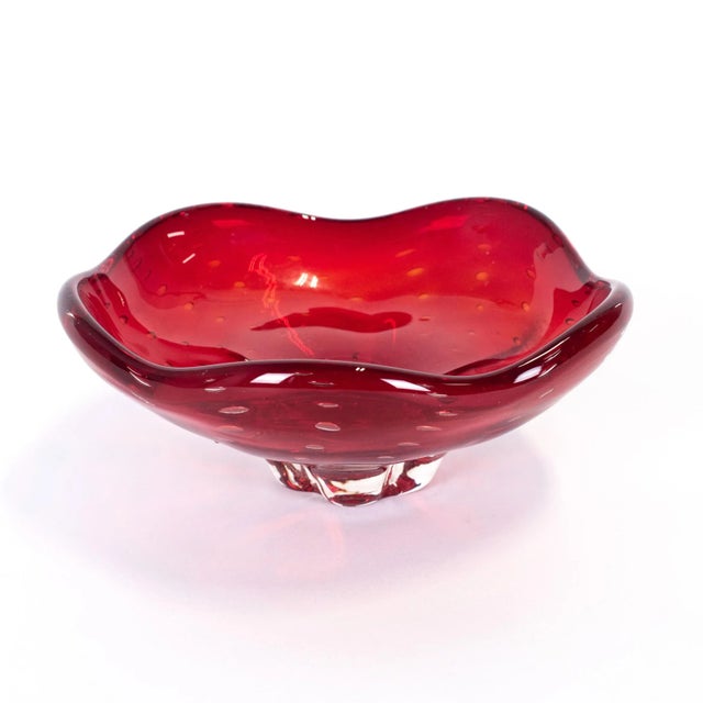 Murano Italian Murano Style Art Glass Ruby Red Bullicante Bowl For Sale - Image 4 of 10