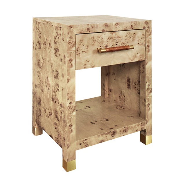 Worlds Away Matthew Izzo Home Pelham Light Burlwood One Drawer Side Table With Brass and Wrapped Rattan Handle For Sale - Image 4 of 7