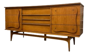 Vintage Bassett Monterey Mid-Century Modern Walnut 9 Drawer Dresser With Rosewood ‘X’ Inlays by Leo Jiranek Circa 1963