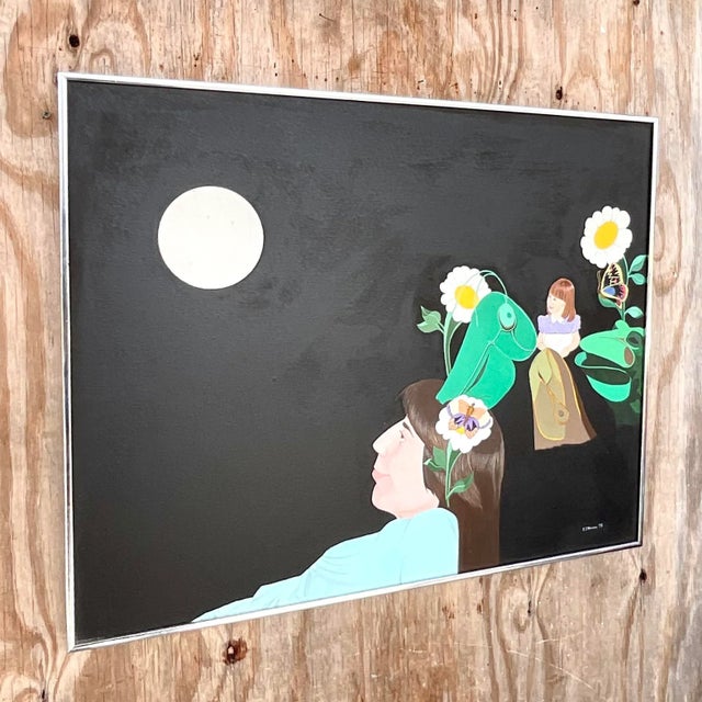 Immerse yourself in the whimsical beauty of this Vintage Boho Signed Original Abstract Expressionist Oil Painting....