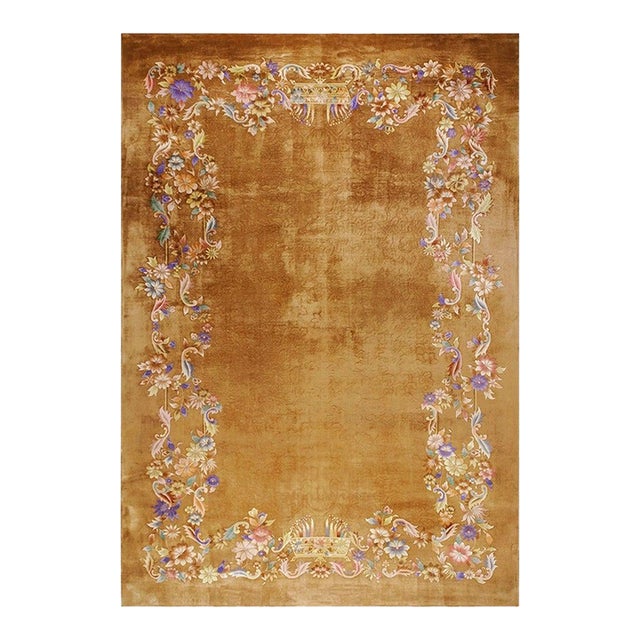 Magnificent Camel Background Color With Exquisite Purple-Rose Flowers Antique Chinese Art Deco Rug For Sale