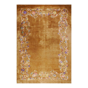 Magnificent Camel Background Color With Exquisite Purple-Rose Flowers Antique Chinese Art Deco Rug