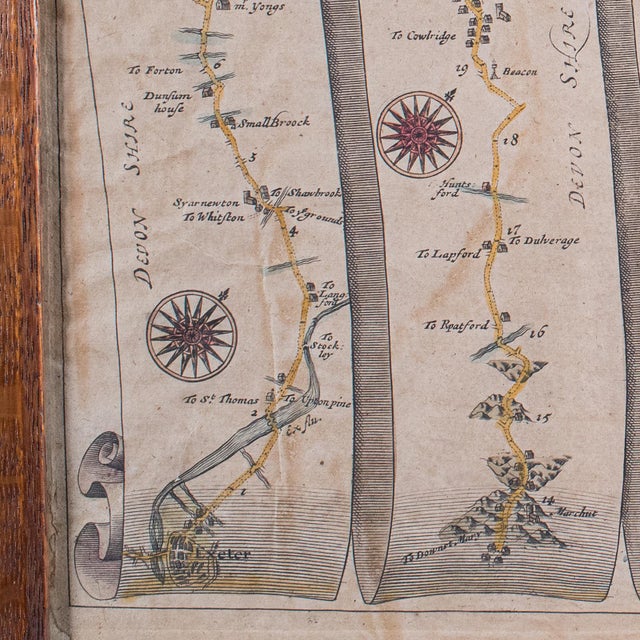 Antique Coaching Road Map, Exeter to Barnstable, English, Framed, Ogilby, c.1700 For Sale - Image 6 of 11
