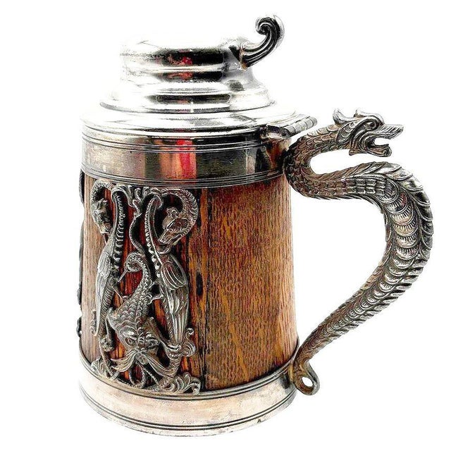American 1920s Silverplate Oak Tankard Beer Stein W/ Dragon Motif, by St. Louis Silver Co. For Sale - Image 3 of 9