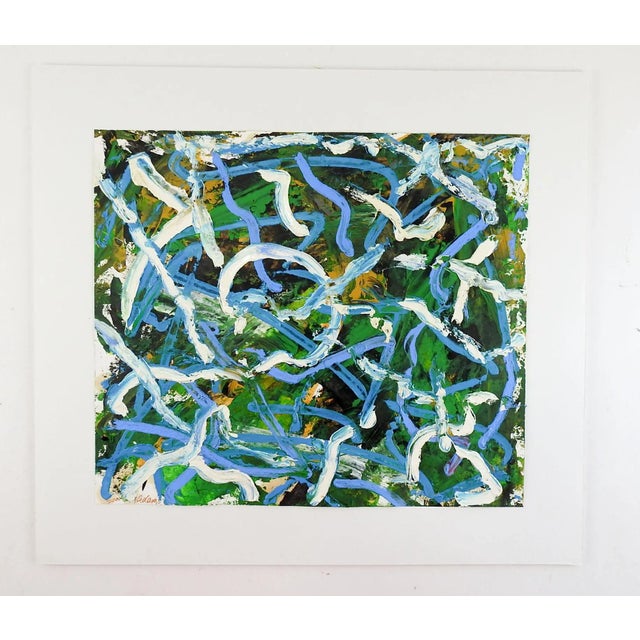 Abstract Expressionist acrylic painting on heavy paper in green, blue and white, heavy paint application in spots by Jerry...