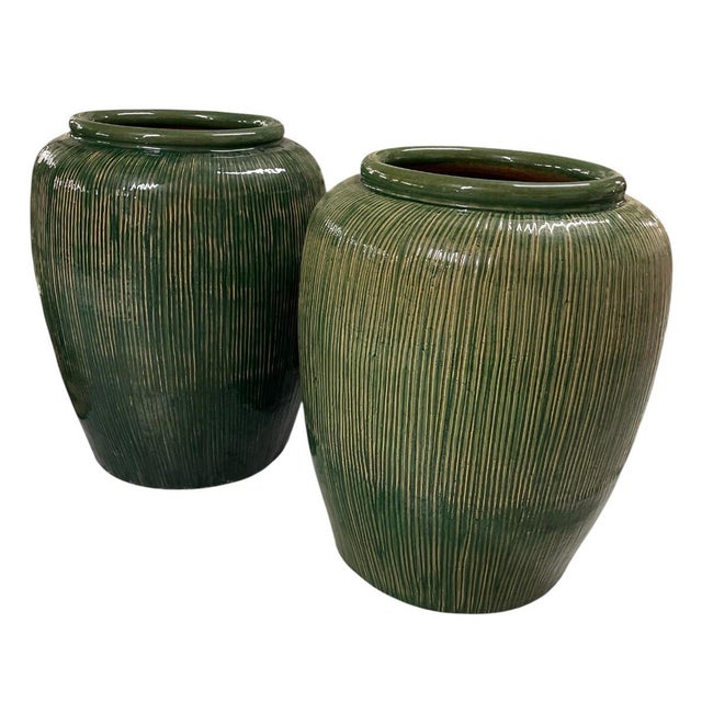 Mid-Century Modern A Pair of Large Mid-Century Modern Ribbed Green Glazed Ceramic Ovoid Planters For Sale - Image 3 of 12