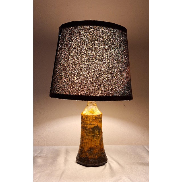 Brown Vintage Yellow-Brown Ceramic Table Lamp with Handmade Fabric Shade, 1970s For Sale - Image 8 of 8