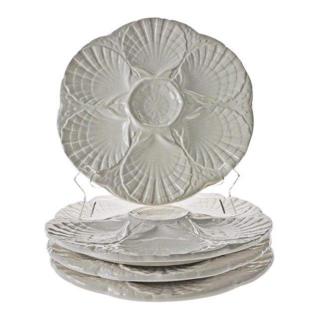 Late 20th Century French Sarreguemines France Majolica Off-White Scallop Plates – Set of 4, Signed For Sale