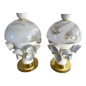 Contemporary Pair of Brass Murano Glass and Ceramic Mushroom Lamps, Italy