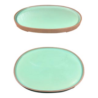 Vintage Banseki Japanese Ceramic Platters With Blue Glaze - a Pair For Sale