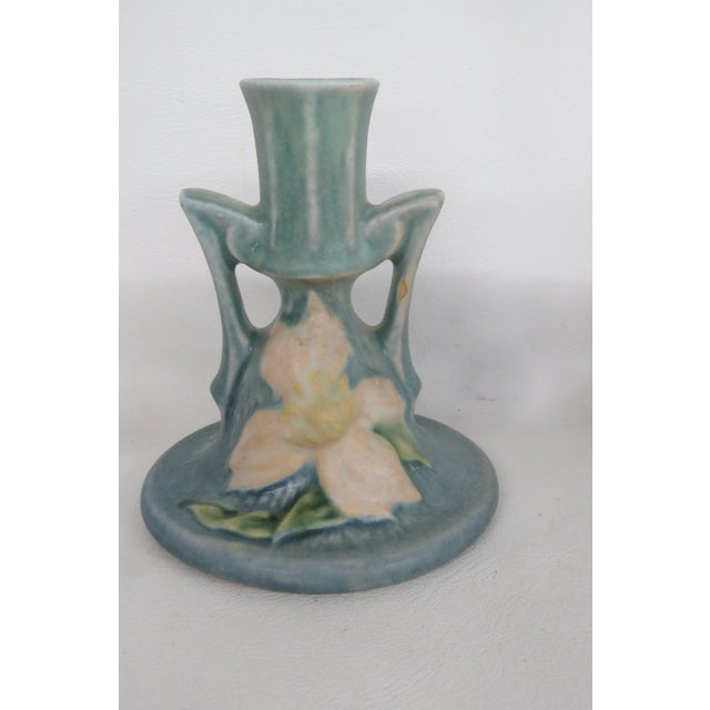This gorgeous pair of ceil blue Roseville candlestick holders are made out of ceramic, and are in good condition. These...