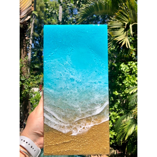 Teal Waves #50 by Ana Hefco | Layered Tinted Resin on Wood Panel Abstract Ocean Waves For Sale - Image 4 of 4