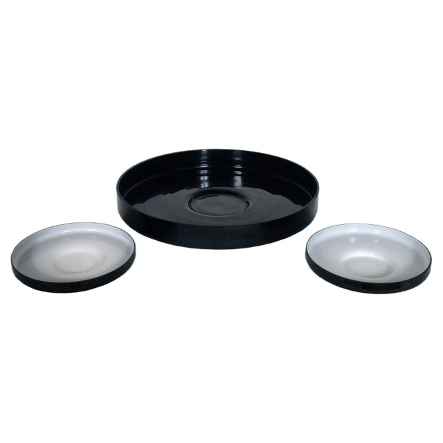 Mid-Century Black & White Layered Murano Glass Centerpieces from Venini, Set of 3 For Sale