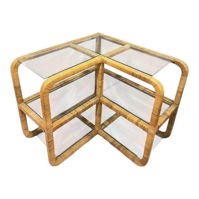 1970's Bielecky Brothers Wrapped Rattan and Glass Waterfall Corner Etagere For Sale
