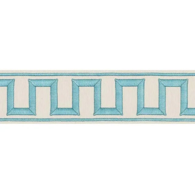 Mediterranean Sample - Schumacher X Miles Redd Greek Key Embroidered Tape in Aqua For Sale - Image 3 of 3
