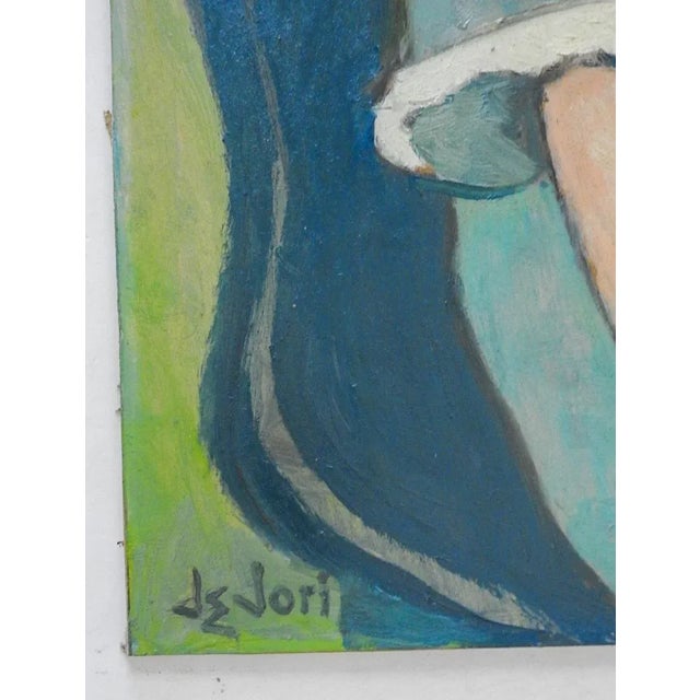 Vintage mid 20th century oil on thick artist board portrait of young blonde girl in blue dress. Signed dejori lower left...