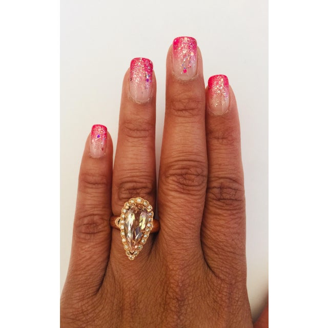 Metal 4.72 Carat Pear Cut Morganite Diamond 14 Karat Rose Gold Ring, Size 7.75 For Sale - Image 7 of 7