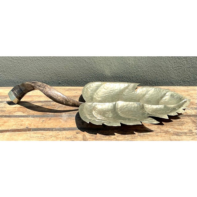 Silver Vintage Hammered Metal Leaf Tray With Horn Handle For Sale - Image 8 of 12