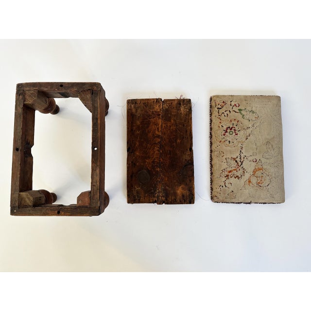 Brown 1890s Antique Primitive Needlepoint and Turned Wood Feet Footstool For Sale - Image 8 of 10