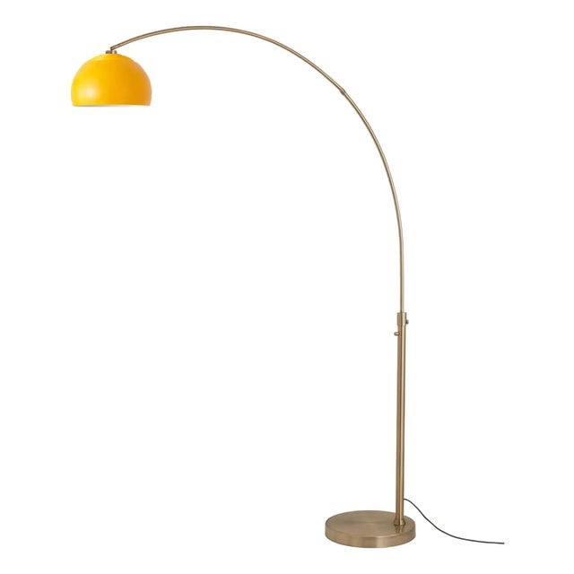 Half Dome 92" Arc Lamp, Weathered Brass Body and Base, Mustard Shade, Dimmable For Sale