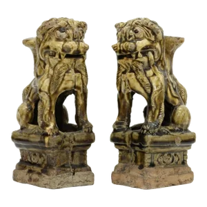 Antique Chinese Foo Dog Guardian Lion Incense Burners - a Pair