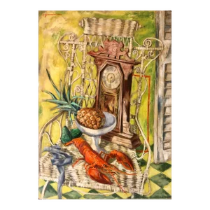 Paul Zimmerman, Modernist Oil Painting Still Life Tableaux with Lobster, Pineapple and Clock, c.1950s