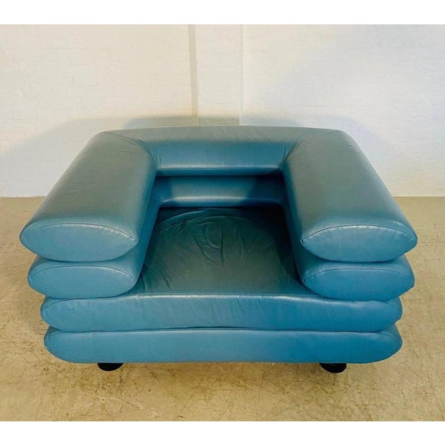 Vintage Postmodern Swedish Turquoise Leather Stacked Lounge Chair, 1980 For Sale - Image 4 of 18