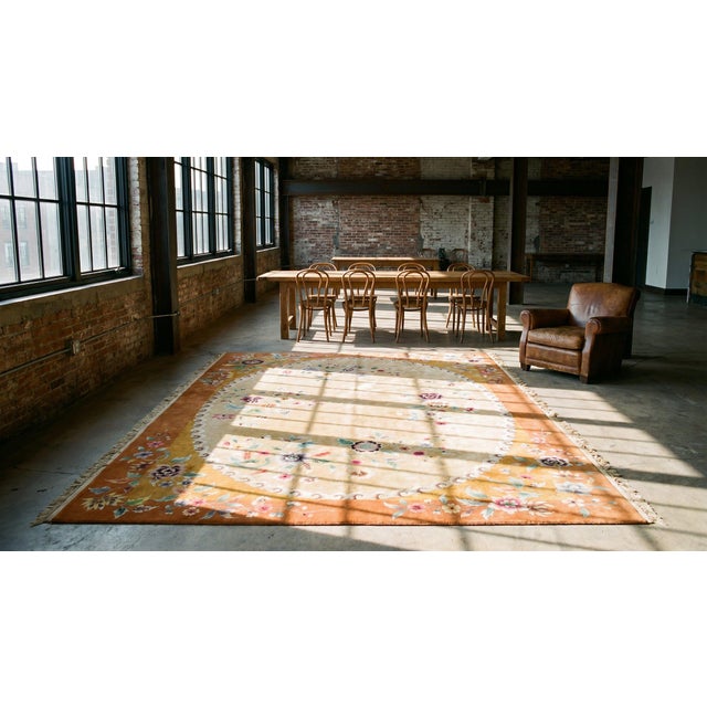 Early 20th Century 1920s Tan Camel Floral Modern Antique Art Deco Chinese Rug 8'10" X 11'8" Handknotted Wool Carpet For Sale - Image 5 of 7