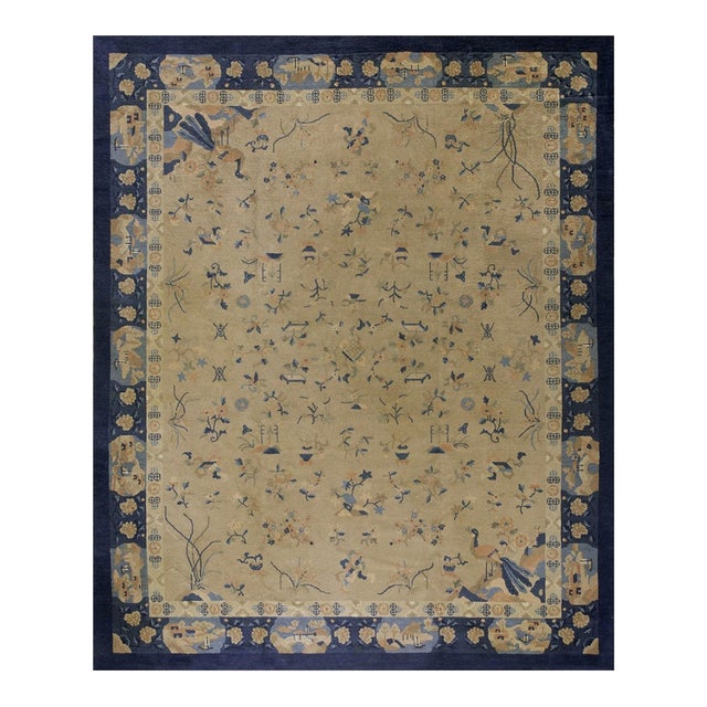 1920s Camel Floral Geometric Antique Chinese Peking Carpet 8'2" X 9'9" Wool Rug For Sale