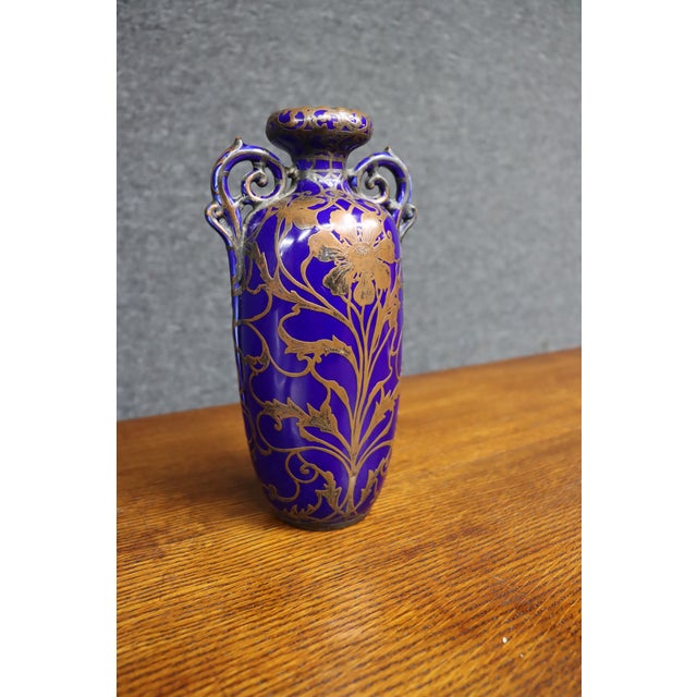 Early 20th Century Cobalt Blue Vase With Copper Gilt Floral Decoration For Sale - Image 5 of 10