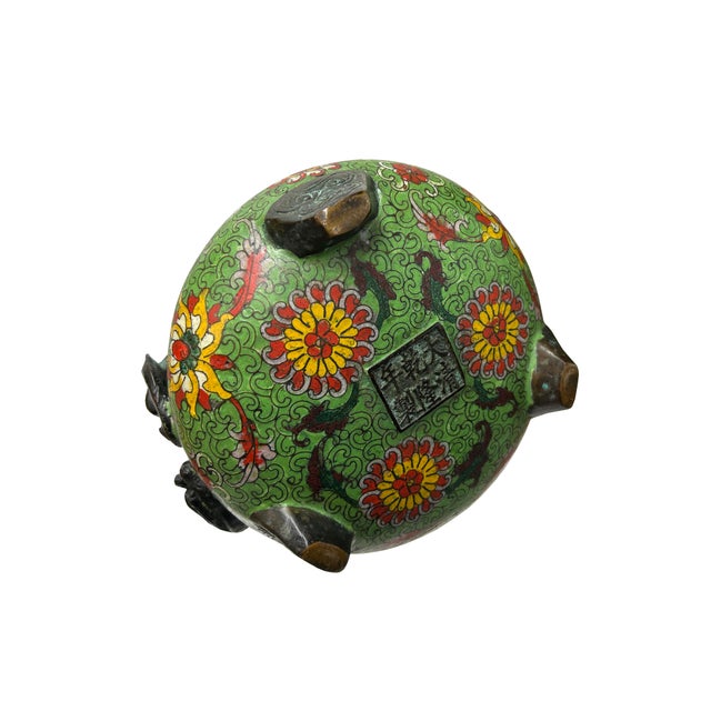 Metal Vintage Light Green Enamel Metal Round Ding Shape Incense Burner Display Art For Sale - Image 7 of 8