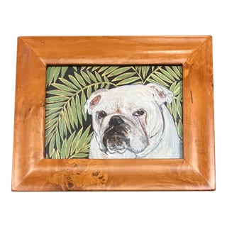 Contemporary White Bulldog Small Judy Henn Dog Print Birdseye Maple Tabletop Frame For Sale