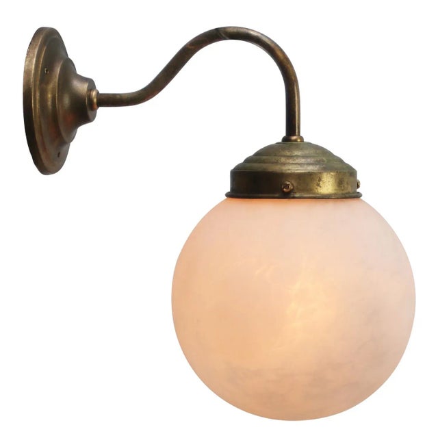 French wall lamp white marble, opaline glass. brass wall piece and arm diameter brass wall mount: 10 cm, 3 holes to secure...
