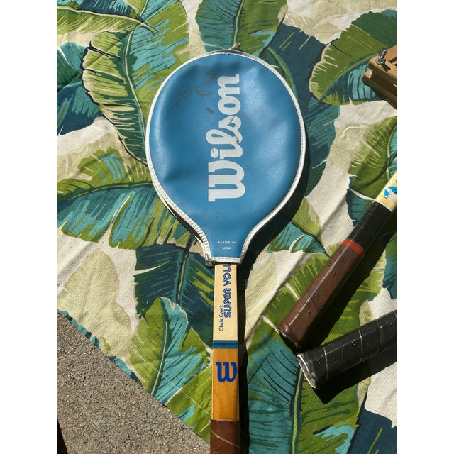 1970s Vintage Collection of Wilson Wooden Tennis Rackets With Blue Accents, Cover, and Guard For Sale - Image 5 of 8