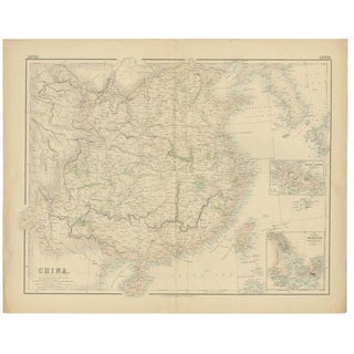 Antique Map of China with Insets the Island of Chusan and Canton River, 1860 For Sale