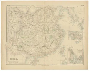 Antique Map of China with Insets the Island of Chusan and Canton River, 1860