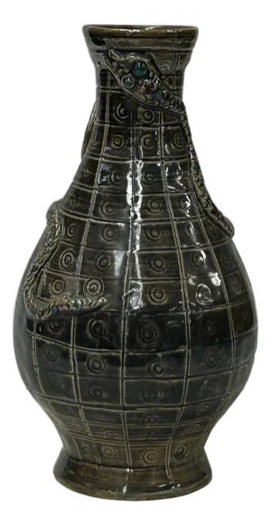 Oriental Small Round Metallic Brown Snake Motif Ceramic Art Vase