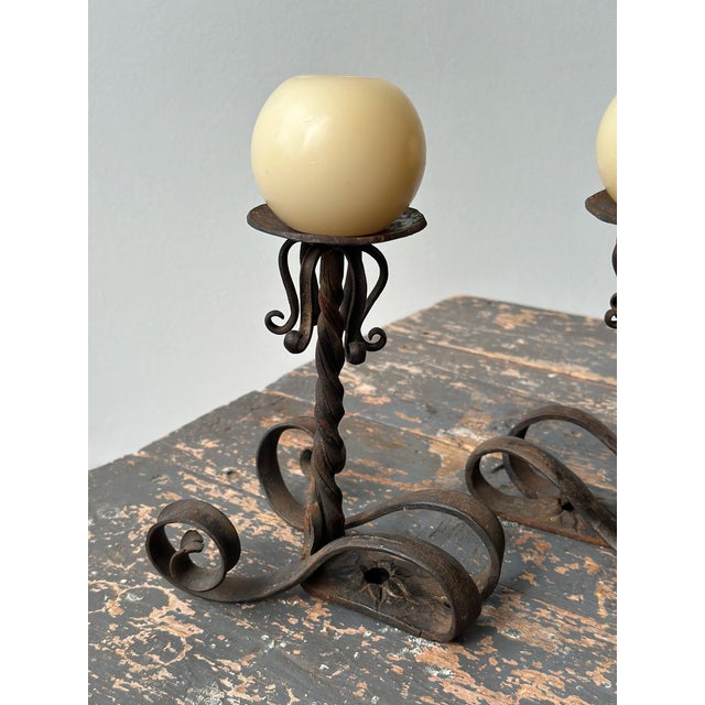 Mid-Century Modern Vintage Wrought Iron Scrolling Candleholders, a Pair, Circa Mid-20th Century For Sale - Image 3 of 18
