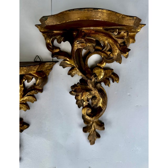 Gold Pair Rococo Carved Giltwood Wall Brackets With Acanthus Scrolls, Italy Early 20th Century For Sale - Image 8 of 18