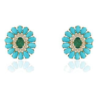 Native American 14k Gold 7.0ct Emerald Turquoise & Diamond Flower Stud Earrings- A Pair For Sale