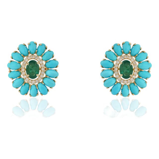 Native American 14k Gold 7.0ct Emerald Turquoise & Diamond Flower Stud Earrings- A Pair For Sale