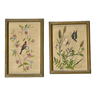 Mid 20th Century Set of Two Vintage French Bird and Butterfly Paintings For Sale