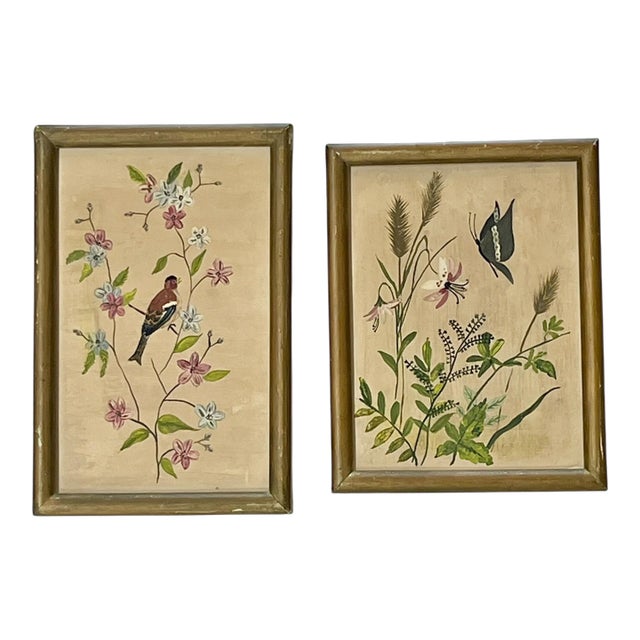 Mid 20th Century Set of Two Vintage French Bird and Butterfly Paintings For Sale