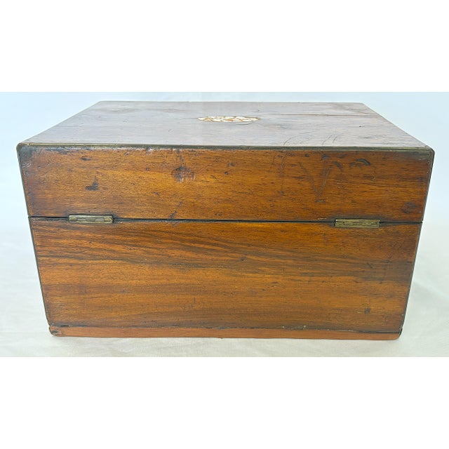 Brown Antique English Burlwood Writing Box With Blue Velvet Lining and Mother-of-Pearl Inlay For Sale - Image 8 of 12