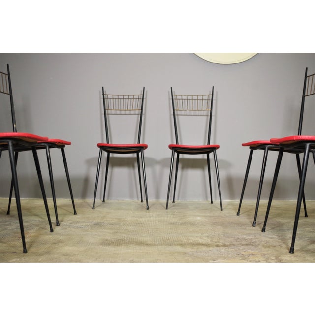 Iron chairs set with fake red leather seat, original 1950s